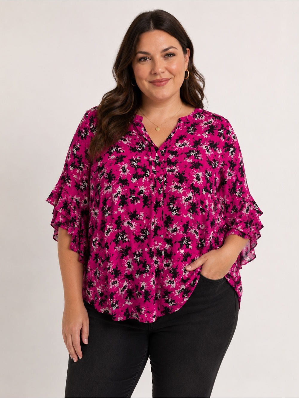 Vince Camuto Floral Ruffle Sleeve Blouse Pink Plus Size 2X